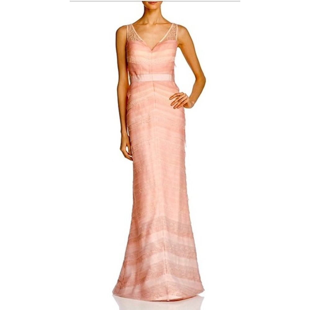 Adrianna Papell Gown Dress Pink Mermaid Ombre Lace Tiered Sleeveless V Neck Maxi